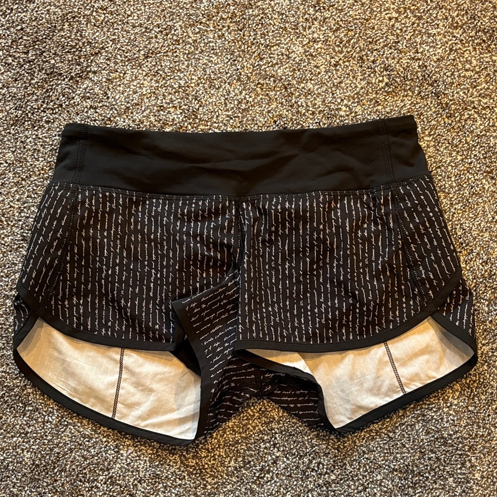 Lululemon Speed Up Low Rise Black Script-Print Running Shorts - 2.5” length
